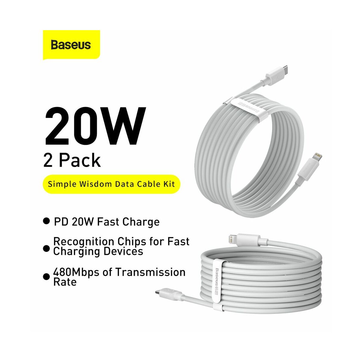 Baseus, Lightning kábel, Simple Wisdom, (2db/ csomag) Pd 20W, 5A, 1.5m, fehér (TZCATLZJ-02)