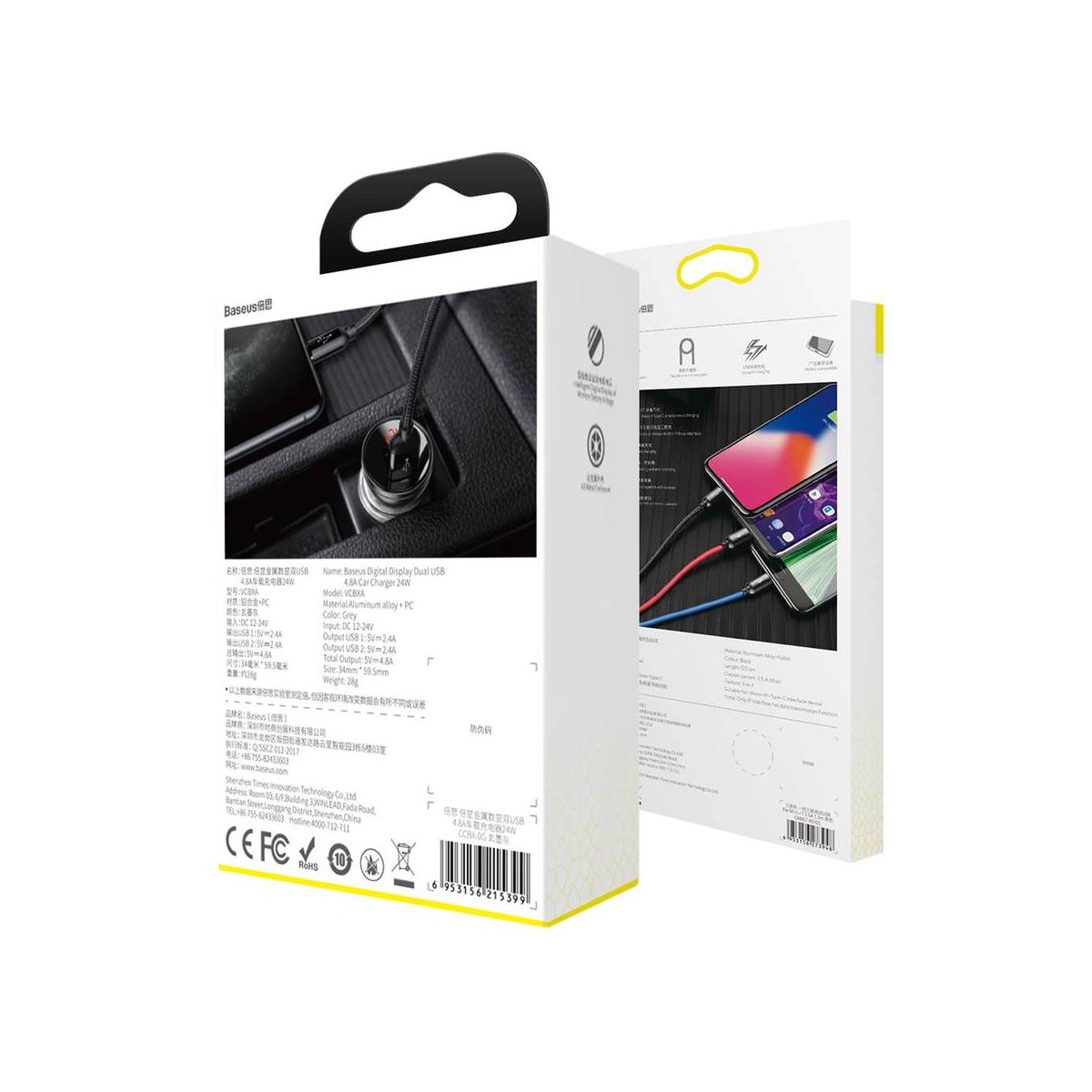 Kép 7/8 - Baseus autós töltő, Digitális kijelző, 2xUSB kimenttel és ajándék 3-in-1 töltő kábellel (Mic-Light-TyC) 1.2m, 24W 4.8A, fekete (TZCCBX-0G)