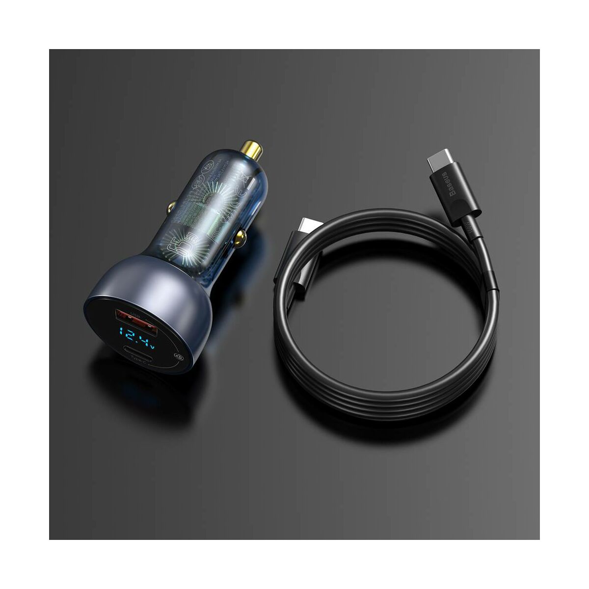 Kép 16/16 - Baseus autós töltő szett, Digitális kijelző, PPS QC 3.0 U+C kimenet (60W C+C kábel, 1m) 45W, fekete (TZCCKX-0G)