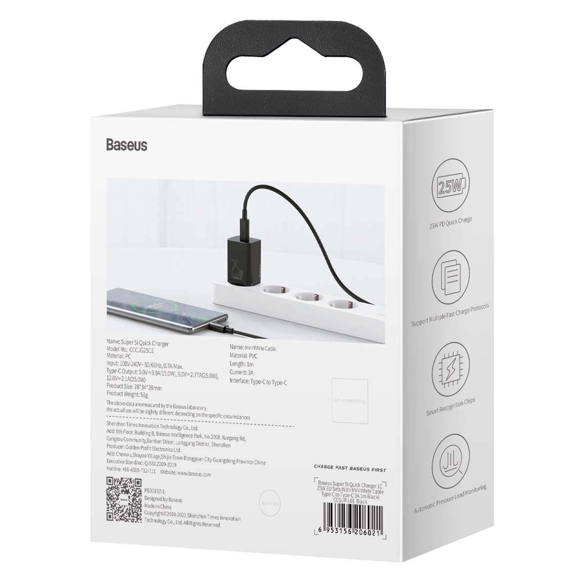 Kép 14/14 - Baseus hálózati töltő szett, Super Si 1C QC, Type-C – Type-C kábellel 3A 1m, 25W, fekete (TZCCSUP-L01)
