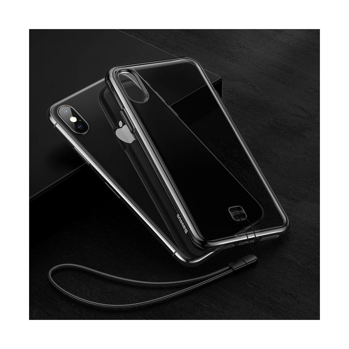 Kép 7/7 - Baseus iPhone XS Max tok, átlátszó Key Phone ráfűzhető csuklótartóval, fekete (WIAPIPH65-QA01)