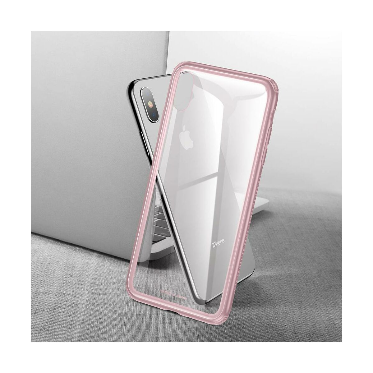 Baseus iPhone XS Max tok, átlátszó, oldalkerettel, rózsaszín (WIAPIPH65-YS04)