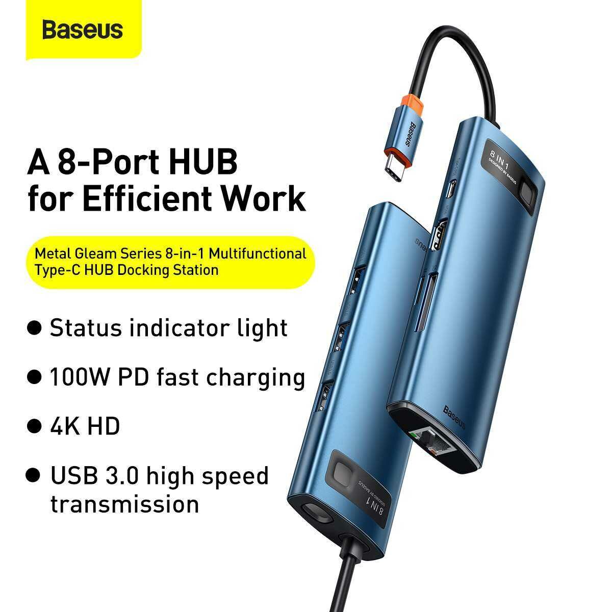 Kép 4/18 - Baseus HUB Metal Gleam Series 8-in-1 Type-C Multifunkciós (HDMI, USB2.0, USB3.0, RJ-45, SD+MicroSD) Dokkoló, kék (WKWG000103)