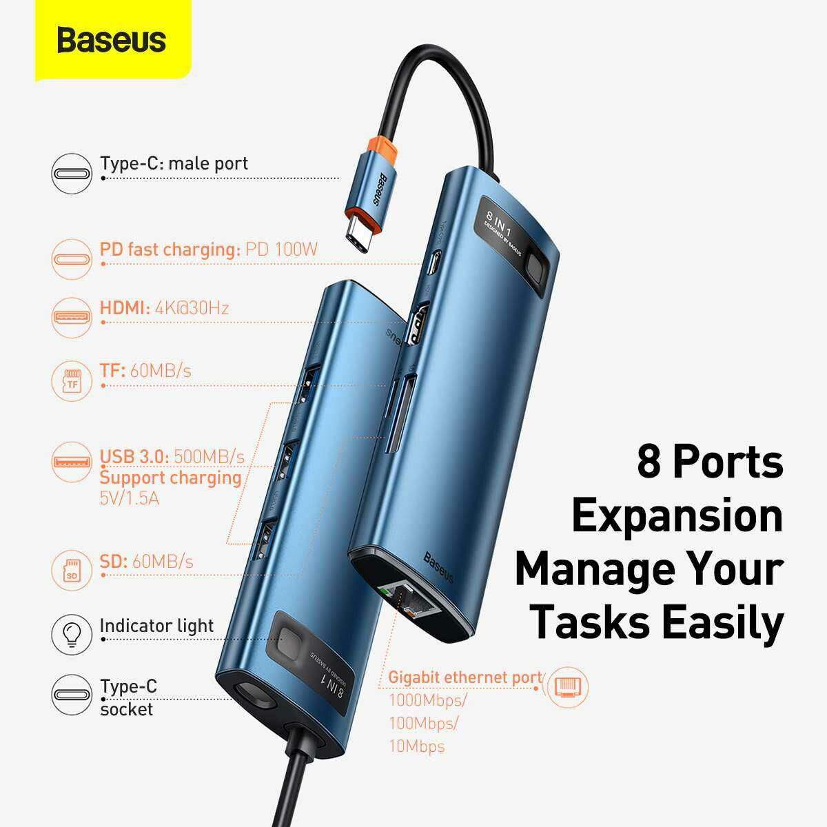 Baseus HUB Metal Gleam Series 8-in-1 Type-C Multifunkciós (HDMI, USB2.0, USB3.0, RJ-45, SD+MicroSD) Dokkoló, kék (WKWG000103)