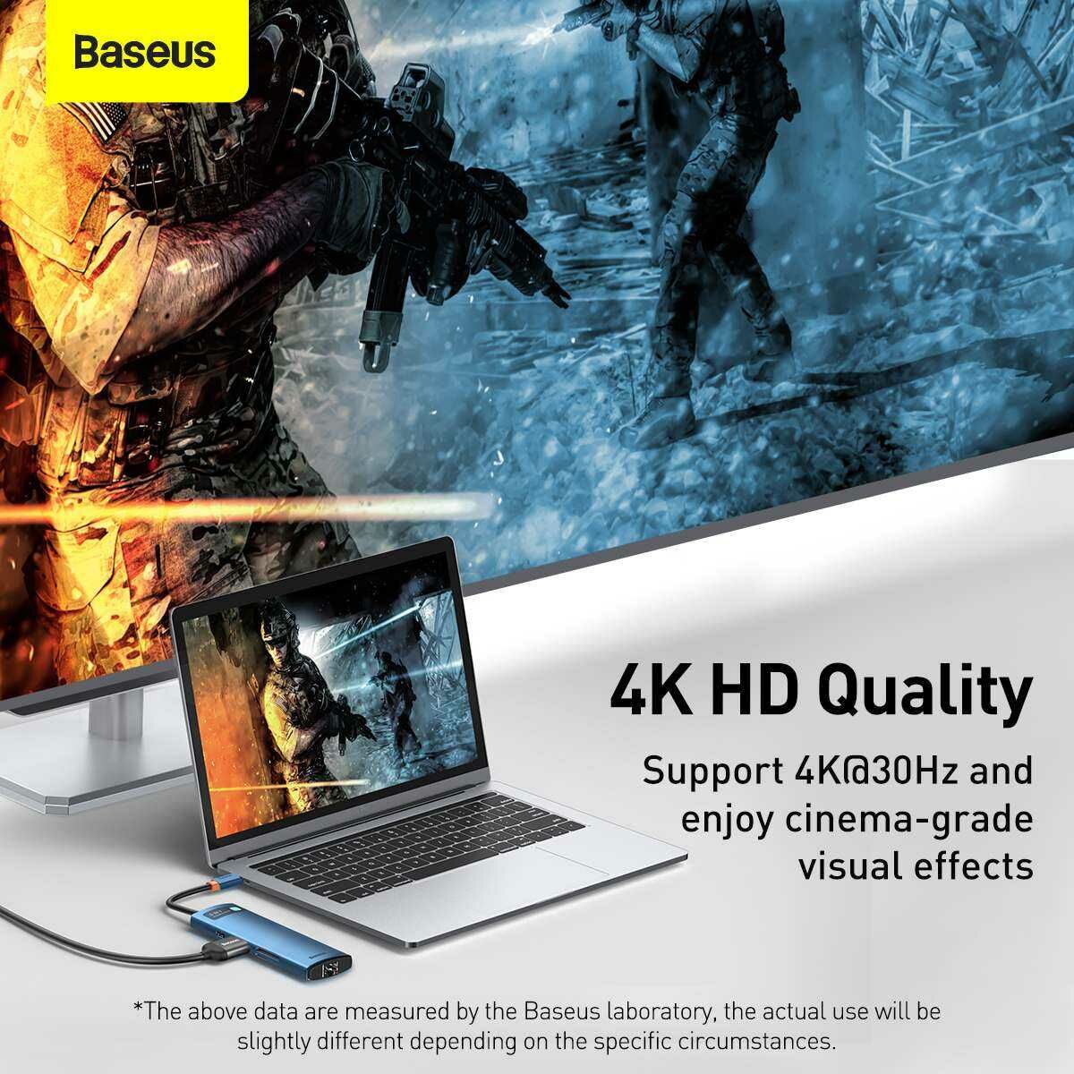 Kép 8/18 - Baseus HUB Metal Gleam Series 8-in-1 Type-C Multifunkciós (HDMI, USB2.0, USB3.0, RJ-45, SD+MicroSD) Dokkoló, kék (WKWG000103)