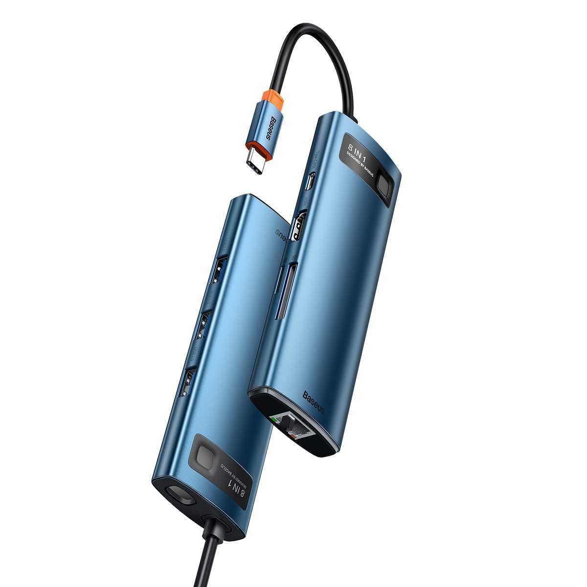Kép 12/18 - Baseus HUB Metal Gleam Series 8-in-1 Type-C Multifunkciós (HDMI, USB2.0, USB3.0, RJ-45, SD+MicroSD) Dokkoló, kék (WKWG000103)