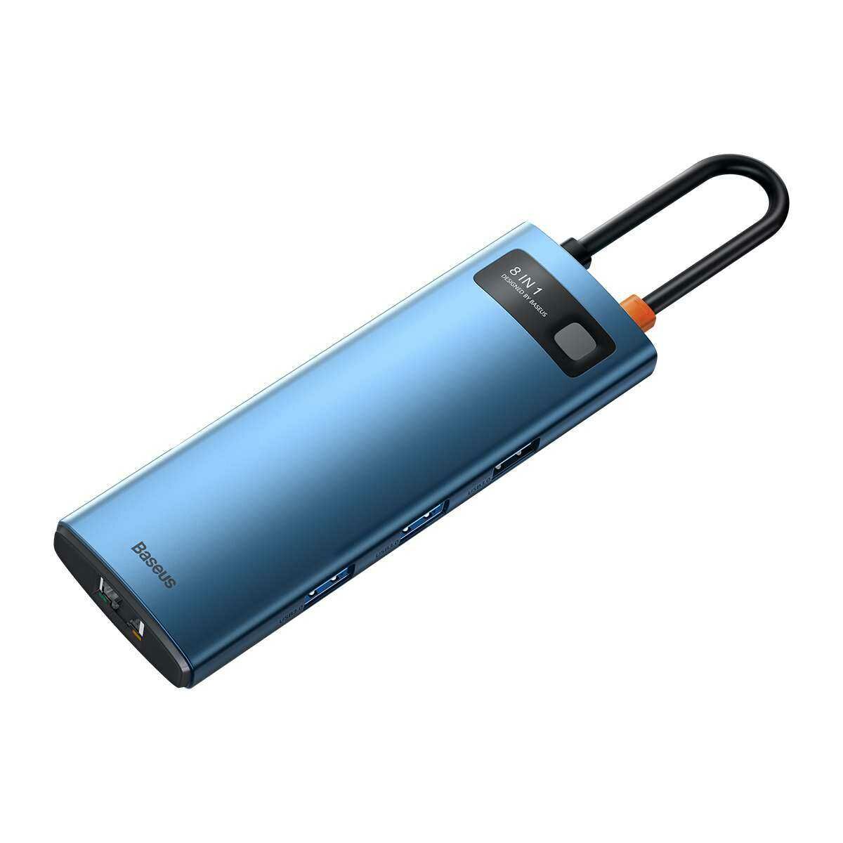 Kép 13/18 - Baseus HUB Metal Gleam Series 8-in-1 Type-C Multifunkciós (HDMI, USB2.0, USB3.0, RJ-45, SD+MicroSD) Dokkoló, kék (WKWG000103)