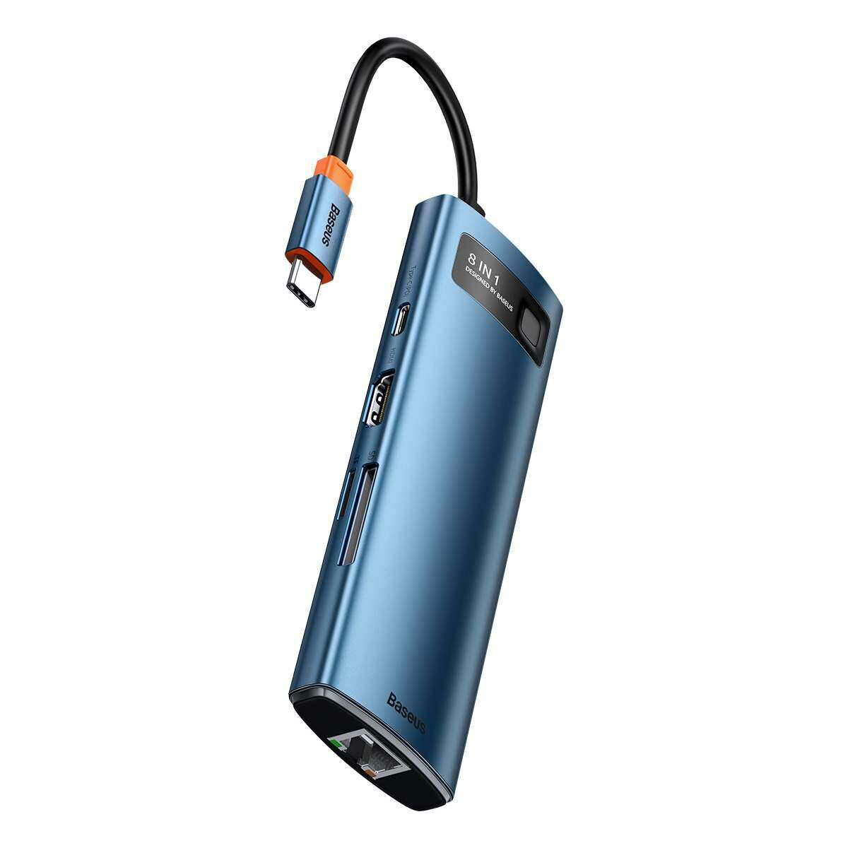 Kép 15/18 - Baseus HUB Metal Gleam Series 8-in-1 Type-C Multifunkciós (HDMI, USB2.0, USB3.0, RJ-45, SD+MicroSD) Dokkoló, kék (WKWG000103)