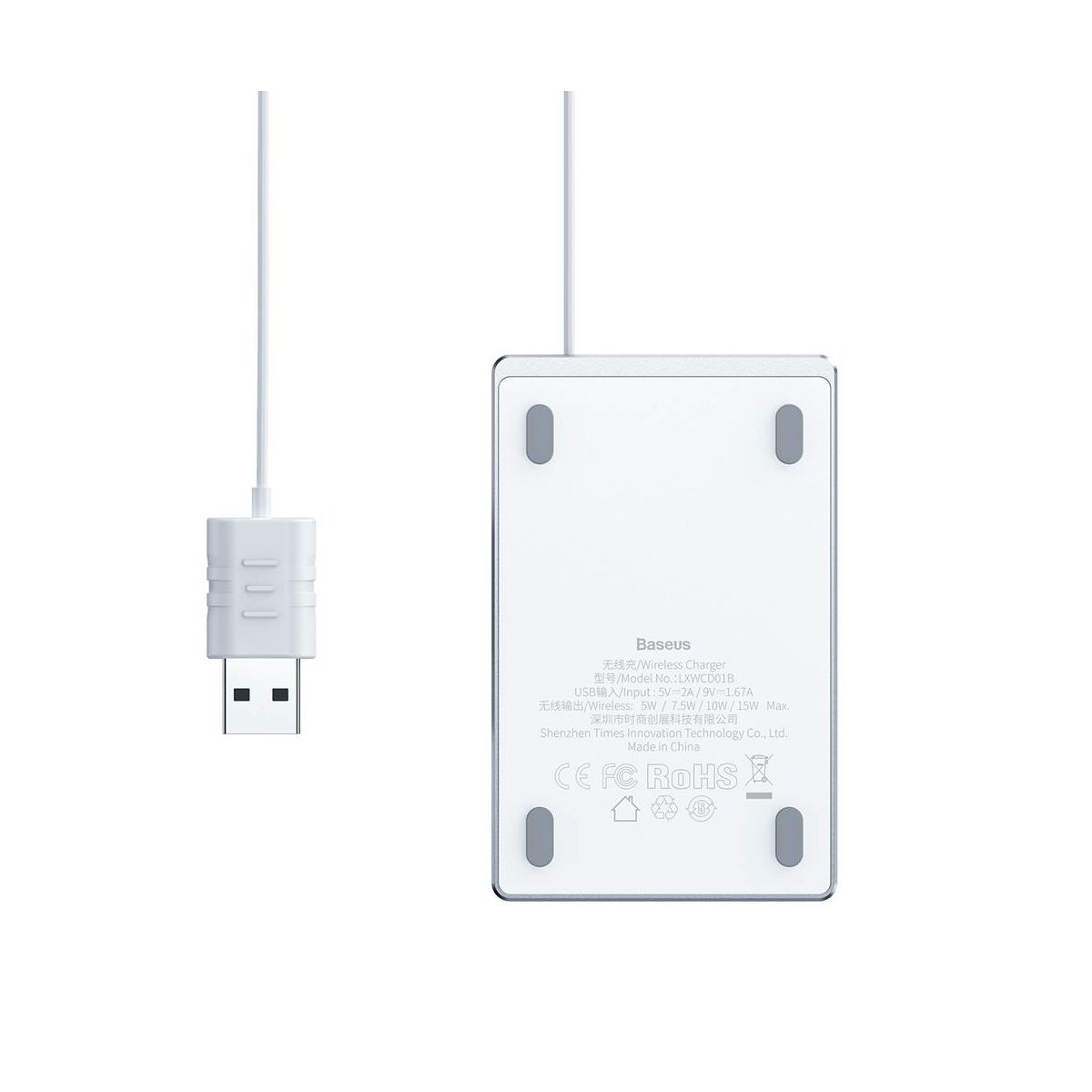 Kép 8/13 - Baseus vezeték nélküli töltő, Ultra-thin Card 15W (beépített 1m USB kábellel), ezüst/fehér (WX01B-S2)