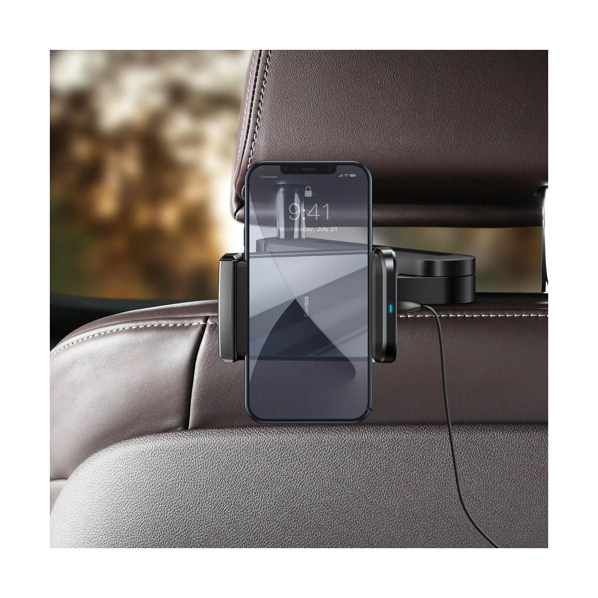 Kép 4/18 - Baseus autós telefon tartó, vezeték nélküli töltő Energy Storage, fejtámlára szerelhető, 15W, fekete (WXHZ-01)