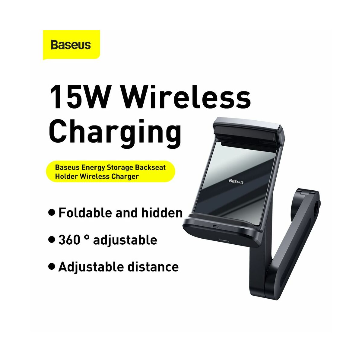 Kép 12/18 - Baseus autós telefon tartó, vezeték nélküli töltő Energy Storage, fejtámlára szerelhető, 15W, fekete (WXHZ-01)