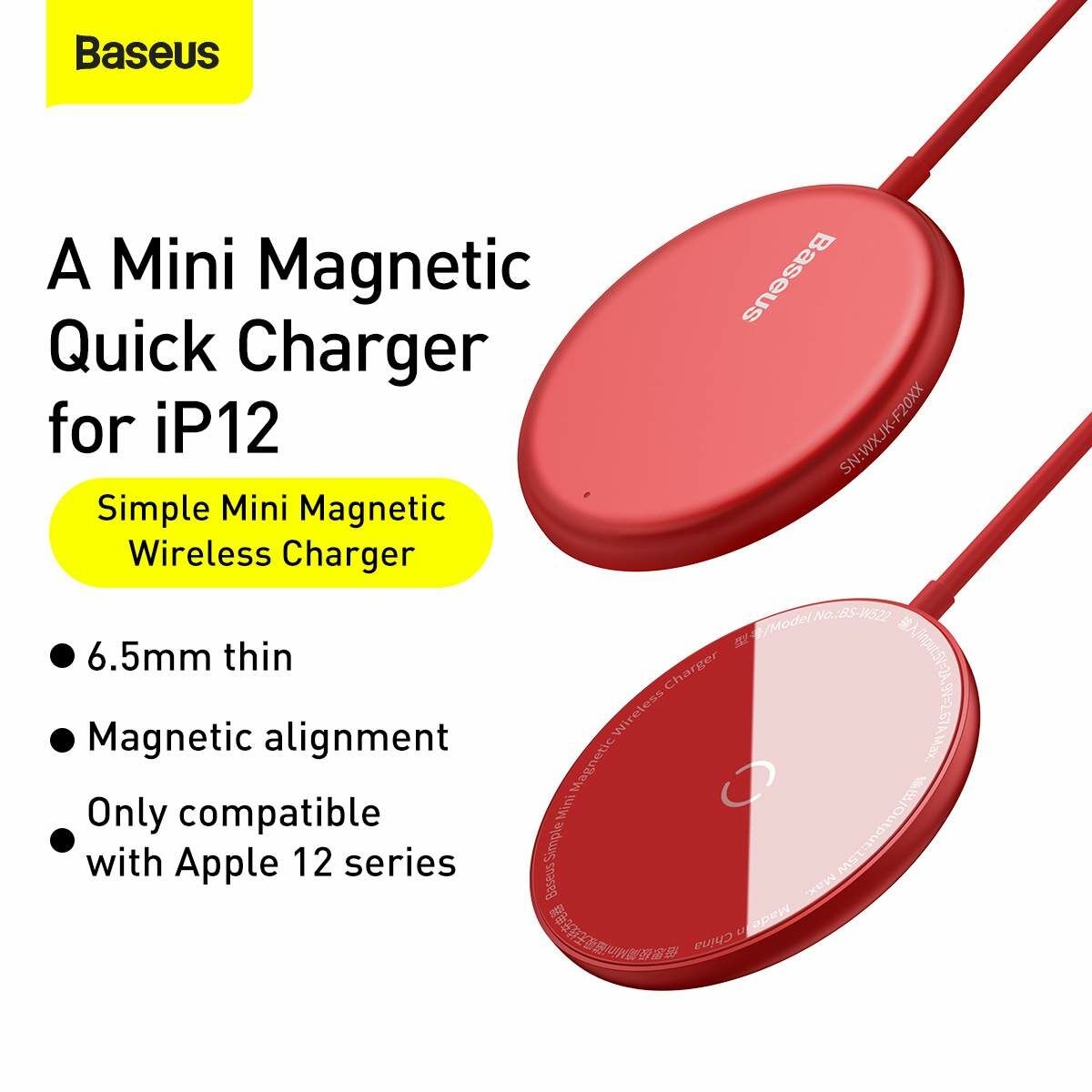 Kép 3/11 - Baseus vezeték nélküli töltő, Simple Magnetic Mini, iPhone 12 modellhez Type-C kábellel 1.5m, 15W, piros (WXJK-H09)