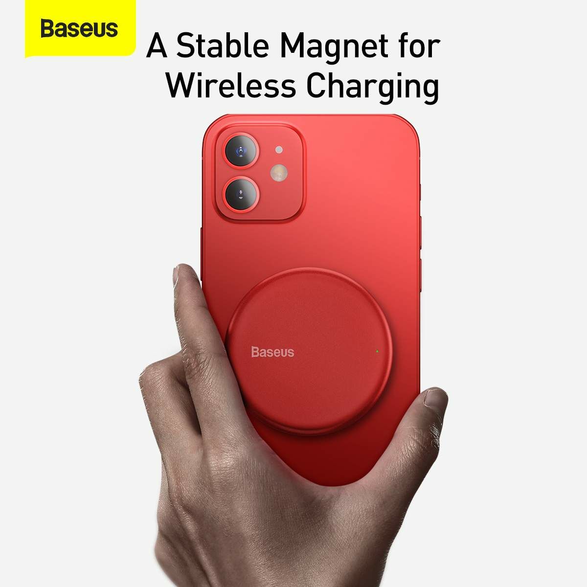 Kép 8/11 - Baseus vezeték nélküli töltő, Simple Magnetic Mini, iPhone 12 modellhez Type-C kábellel 1.5m, 15W, piros (WXJK-H09)