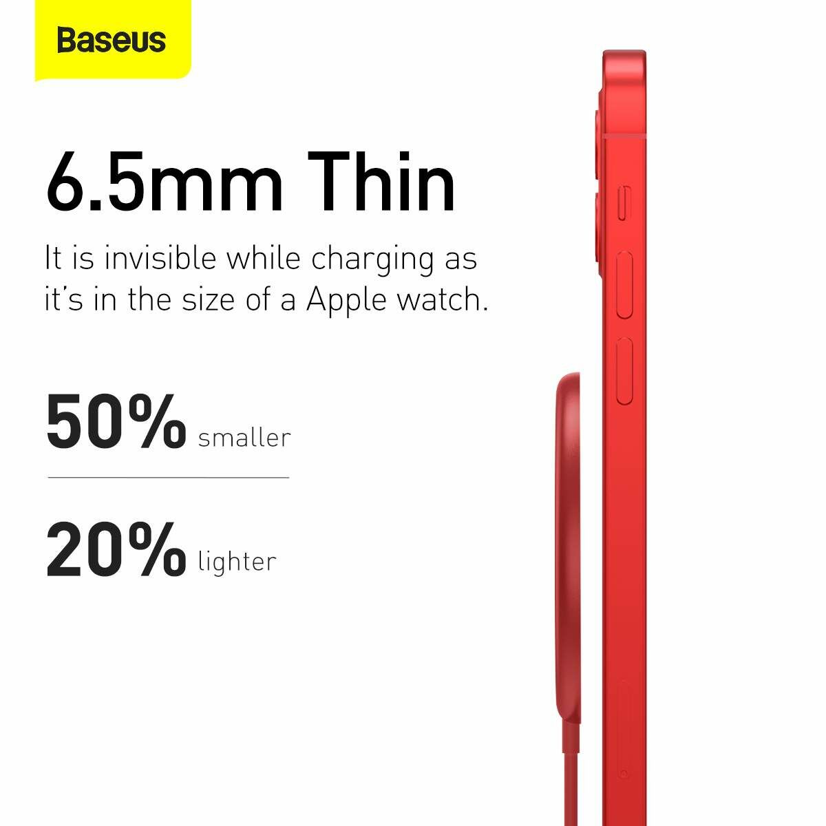 Kép 10/11 - Baseus vezeték nélküli töltő, Simple Magnetic Mini, iPhone 12 modellhez Type-C kábellel 1.5m, 15W, piros (WXJK-H09)