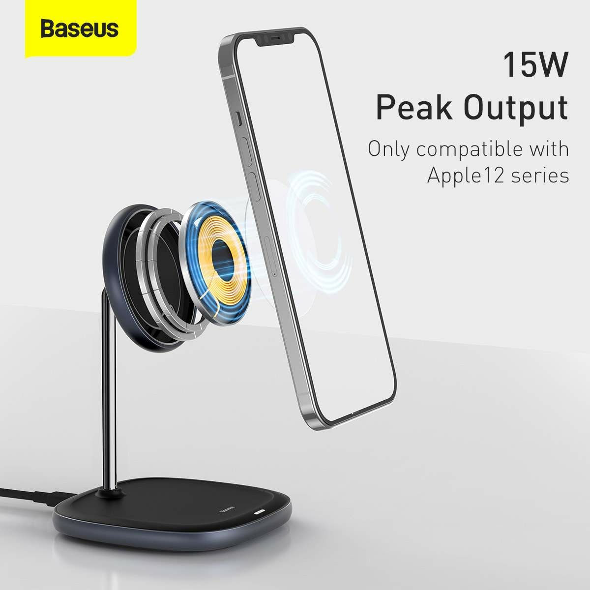 Baseus vezeték nélküli töltő, Swan Magnetic asztali konzol, iPhone 12 modellhez, 15W, fekete (WXSW-01)