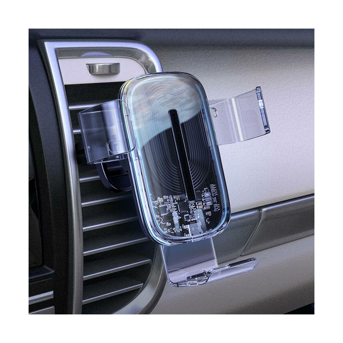 Kép 16/16 - Baseus autós telefontartó, vezeték nélküli töltő Explore Gravity, szellőzőrácsra 15W, átlátszó (WXYL-K02)