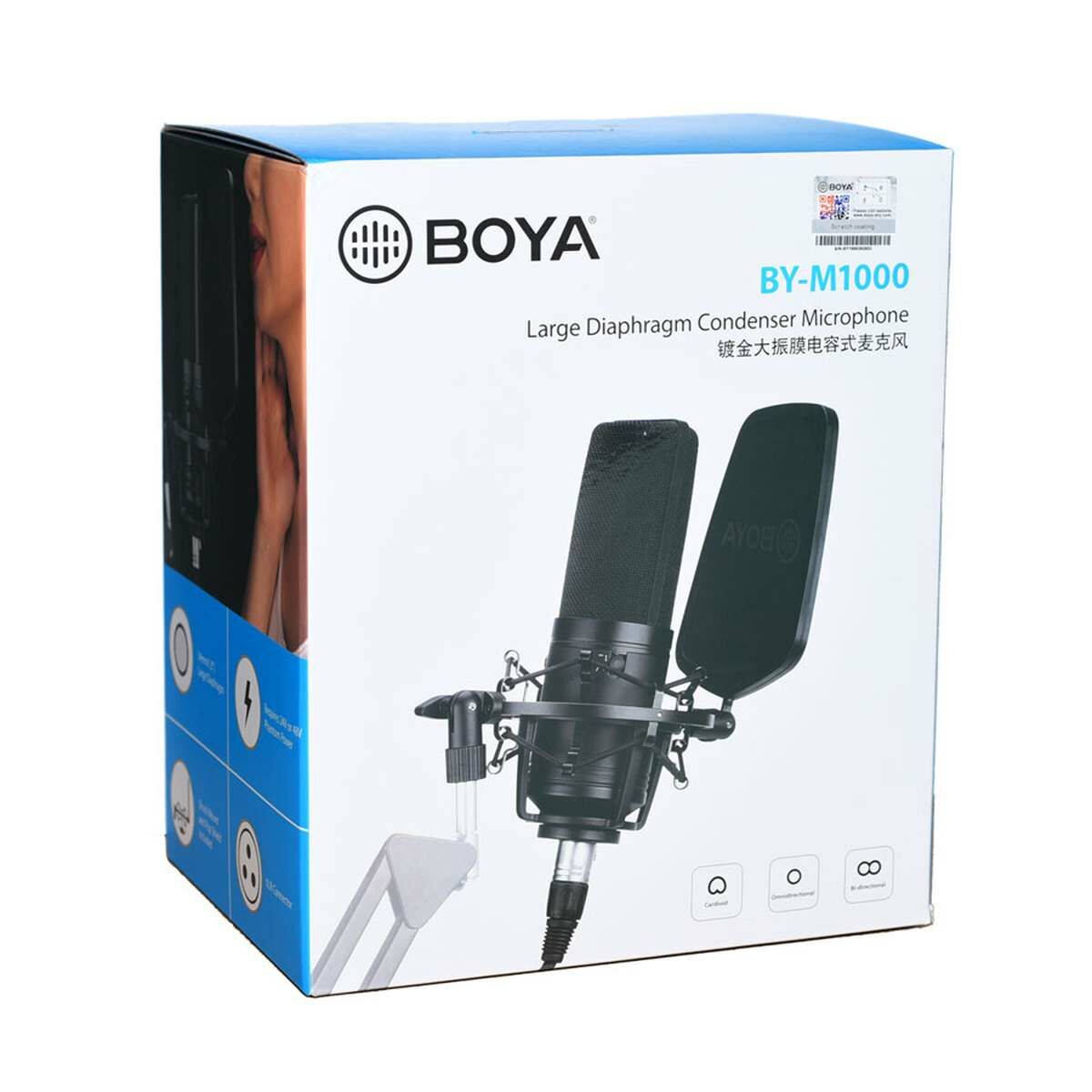 Kép 3/3 - BOYA nagymembrános kondenzátor mikrofon,kardioid, két és -többirányú, fekete EU