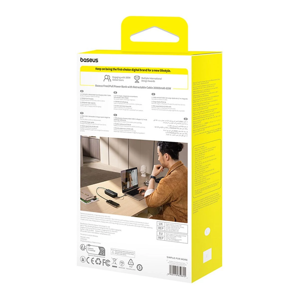 Kép 2/2 - Baseus Free2Pull külső akkumulátor digitális kijelzővel Type-C 65W 20000 mAh beépített kábel, fekete