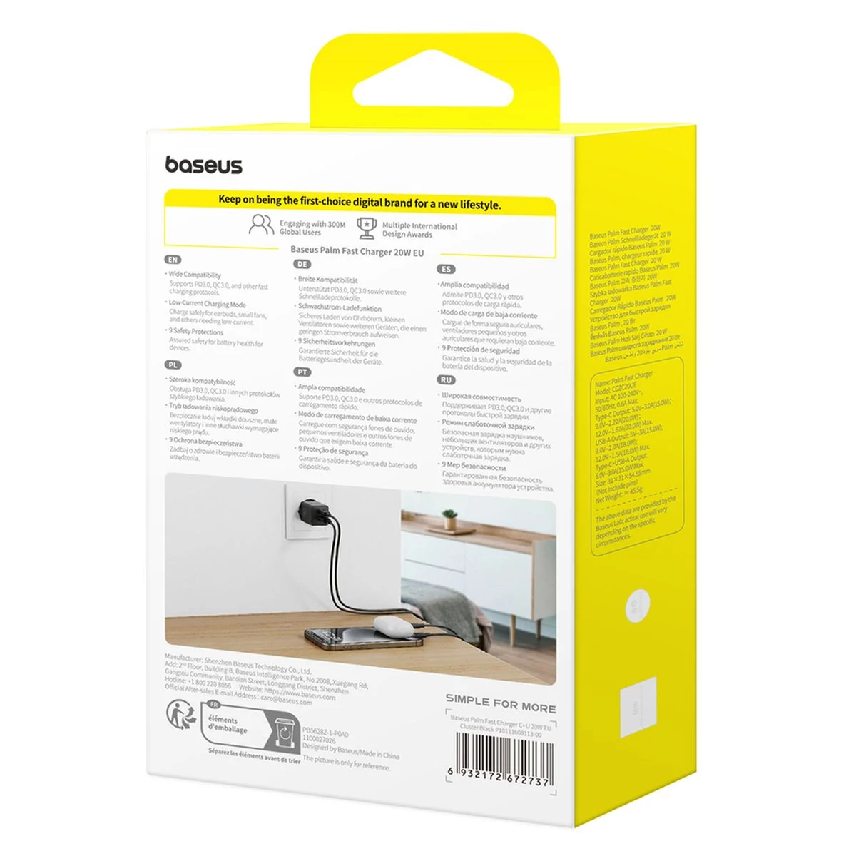 Kép 2/2 - Baseus Travel Charger Palm Series hálózati gyorstöltő C+U 20W, fekete EU (P10111608113-00)
