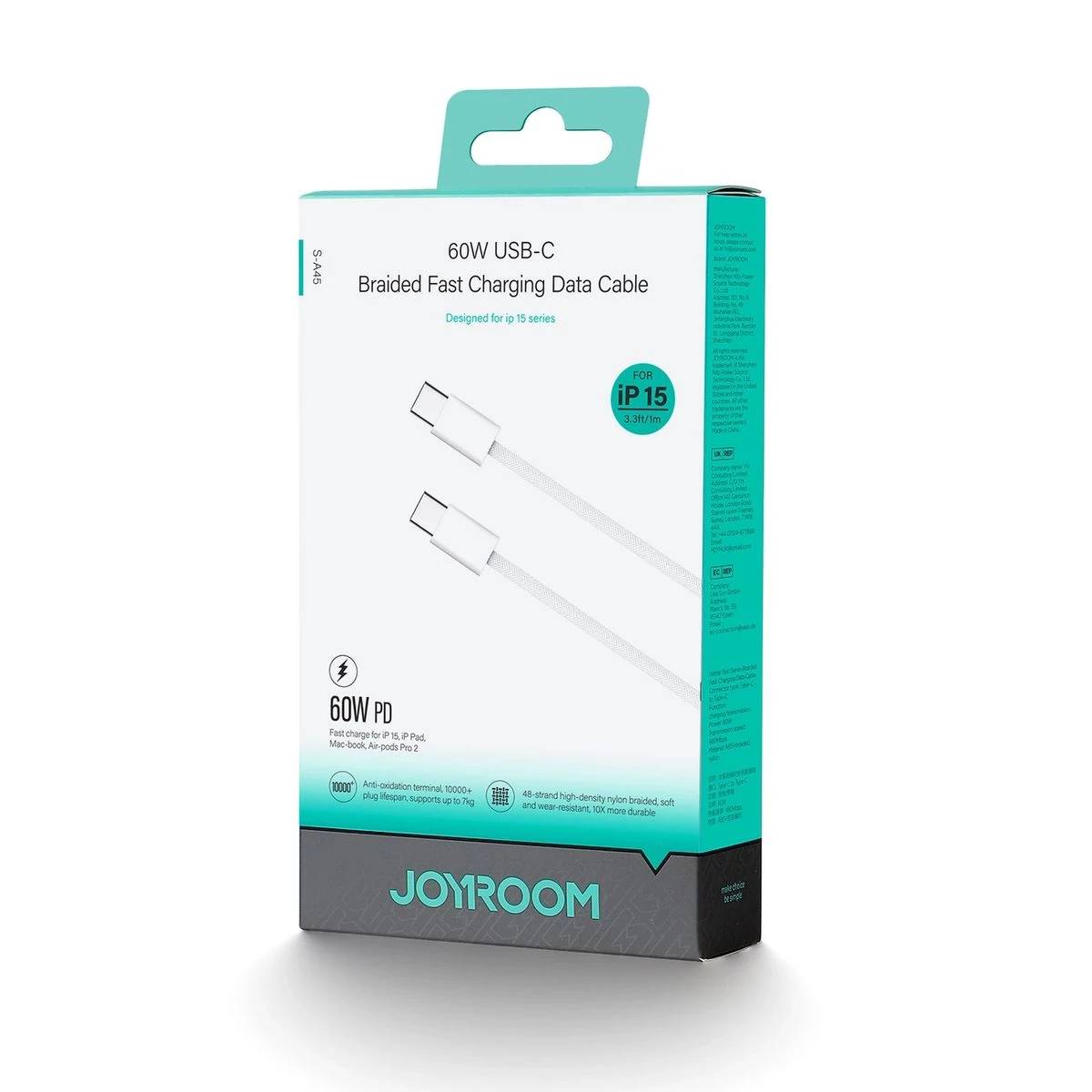 Kép 2/2 - Joyroom Type-C - Type-C adatkábel, 480mb/s, 60W, 1m, fehér (SA-45)