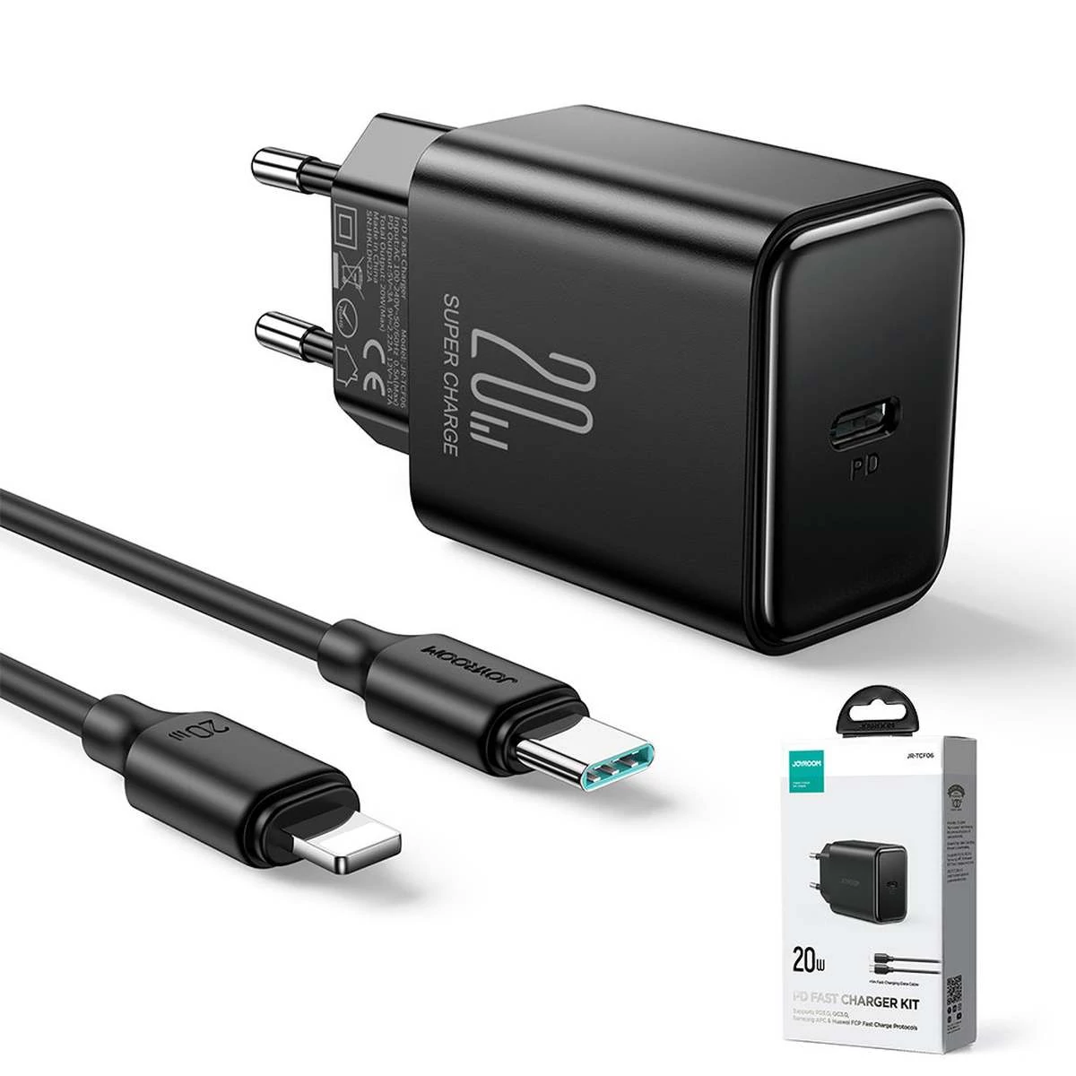 Kép 2/15 - Joyroom Travel Charger Type-C, PD 20W with Type-C to Lightning kábel, 1m, fekete (JR-TCF06)