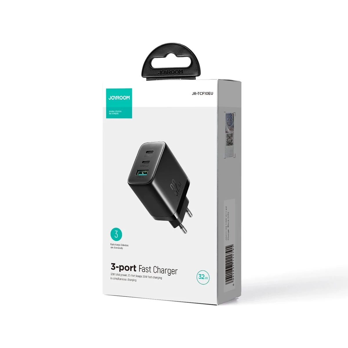 Kép 2/2 - Joyroom Travel Charger hálózati gyorstöltő, C+C+U. PD 32W, fekete (JR-TCF10)