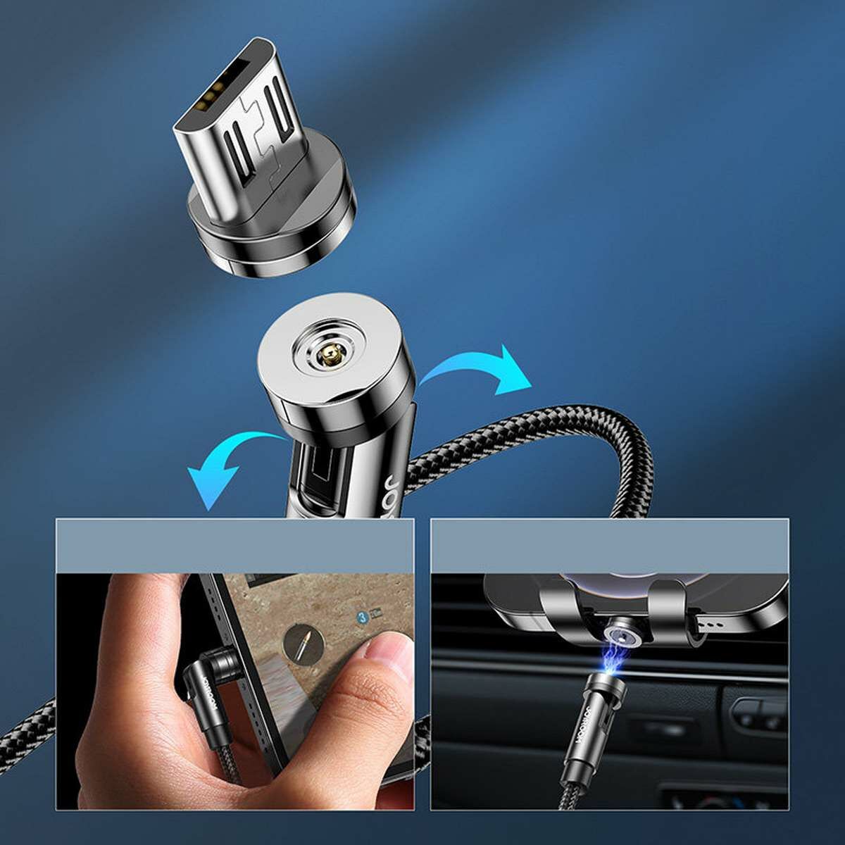 Kép 3/9 - Joyroom 3-in-1 USB - Lightning/ Type-C/ Micro USB mágneses kábel, 2.4A, 1.2m, fekete (S-1224X2)