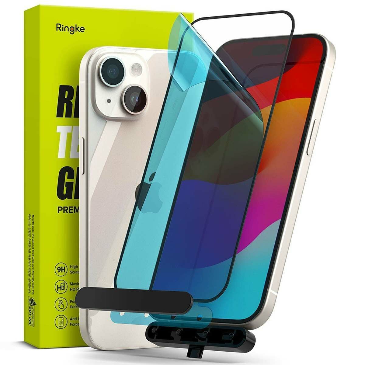 Ringke iPhone 15 Plus Premium edzett kijelzővédő 9H üvegfólia felhelyezési sablonnal