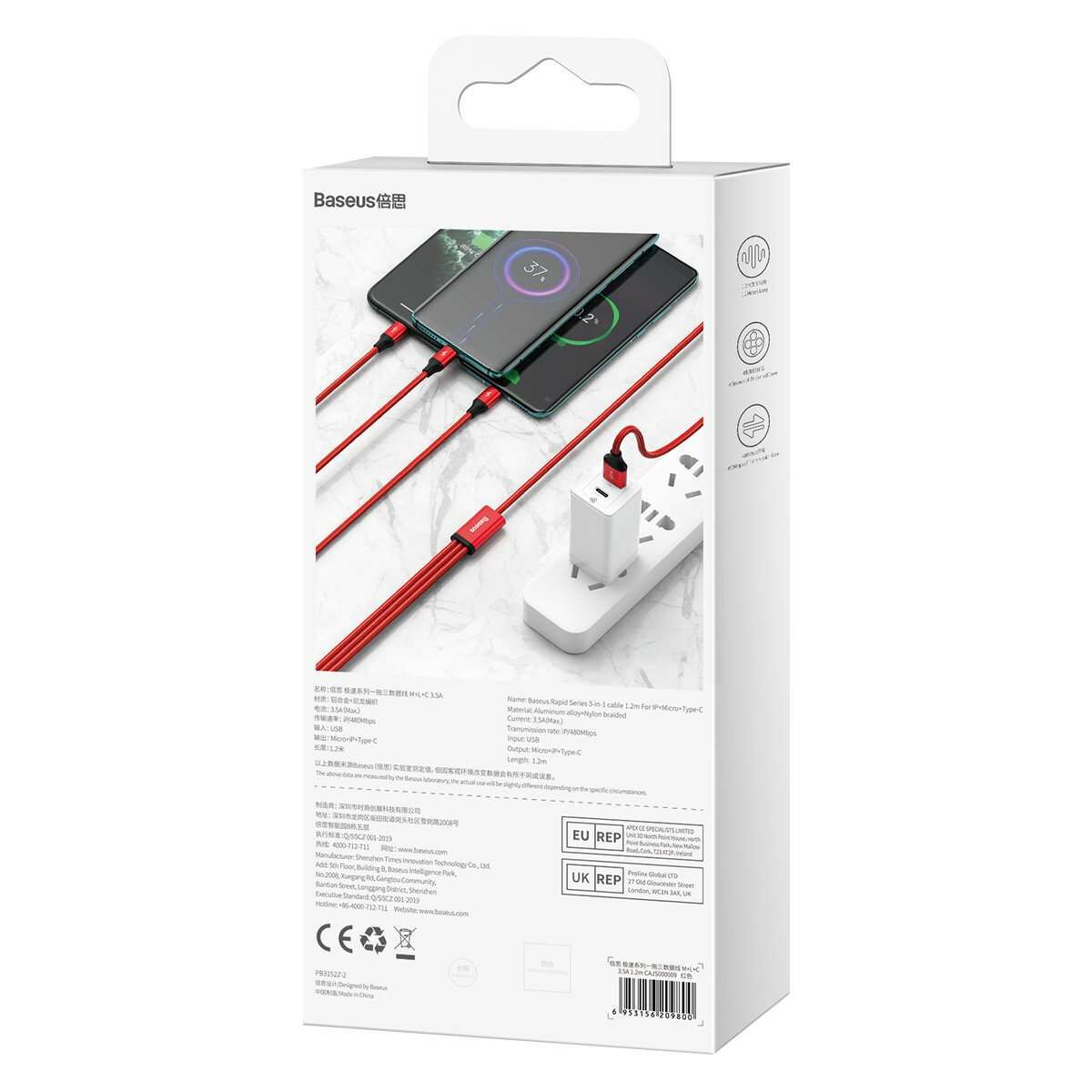 Kép 7/7 - Baseu Rapid 3-az-1-ben adatkábel USB -Type C / Lightning / micro USB, 1.2m, piros (CAJS000009)