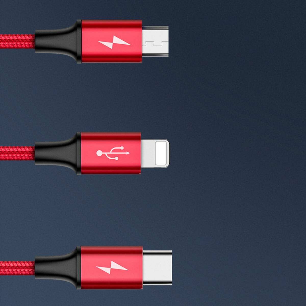 Kép 4/7 - Baseu Rapid 3-az-1-ben adatkábel USB -Type C / Lightning / micro USB, 1.2m, piros (CAJS000009)
