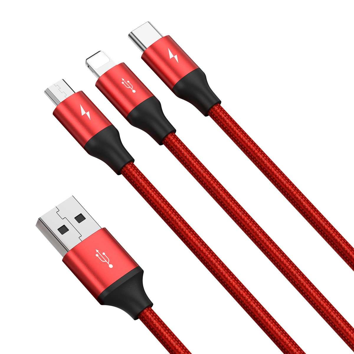 Kép 2/7 - Baseu Rapid 3-az-1-ben adatkábel USB -Type C / Lightning / micro USB, 1.2m, piros (CAJS000009)