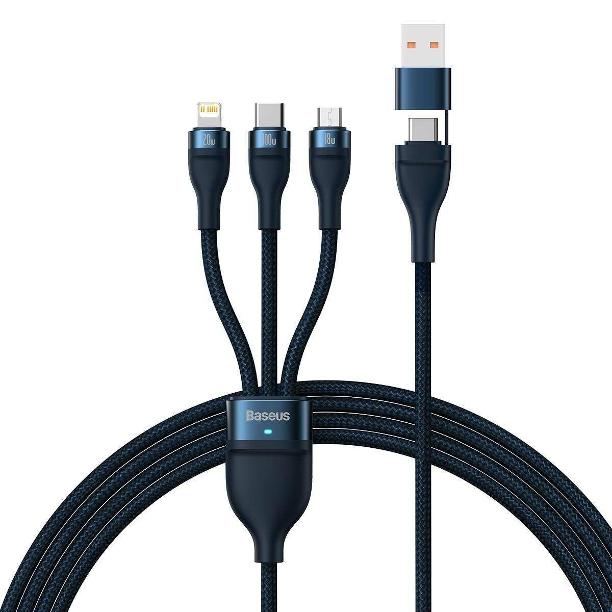 Baseus Flash Series II 3-in-1 univerzális adatkábel (USB-A - Micro + Lightning + USB-C) 100W, 1.2m, kék (CASS030103)