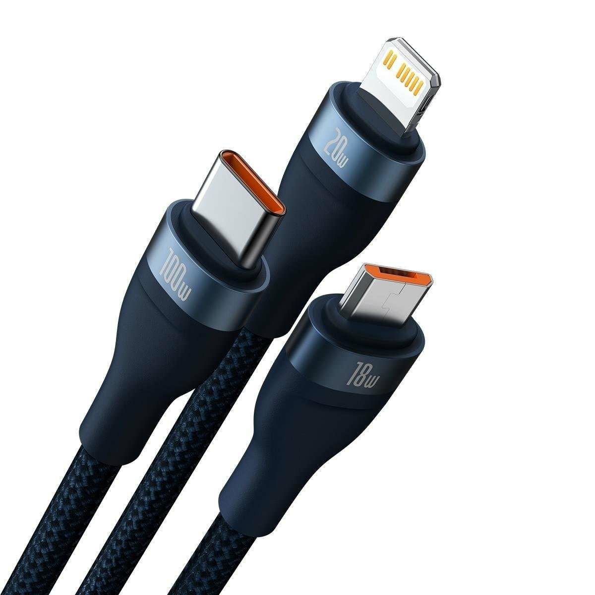 Kép 2/9 - Baseus Flash Series II 3-in-1 univerzális adatkábel (USB-A - Micro + Lightning + USB-C) 100W, 1.2m, kék (CASS030103)
