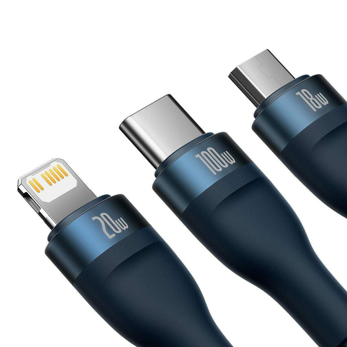 Kép 3/9 - Baseus Flash Series II 3-in-1 univerzális adatkábel (USB-A - Micro + Lightning + USB-C) 100W, 1.2m, kék (CASS030103)