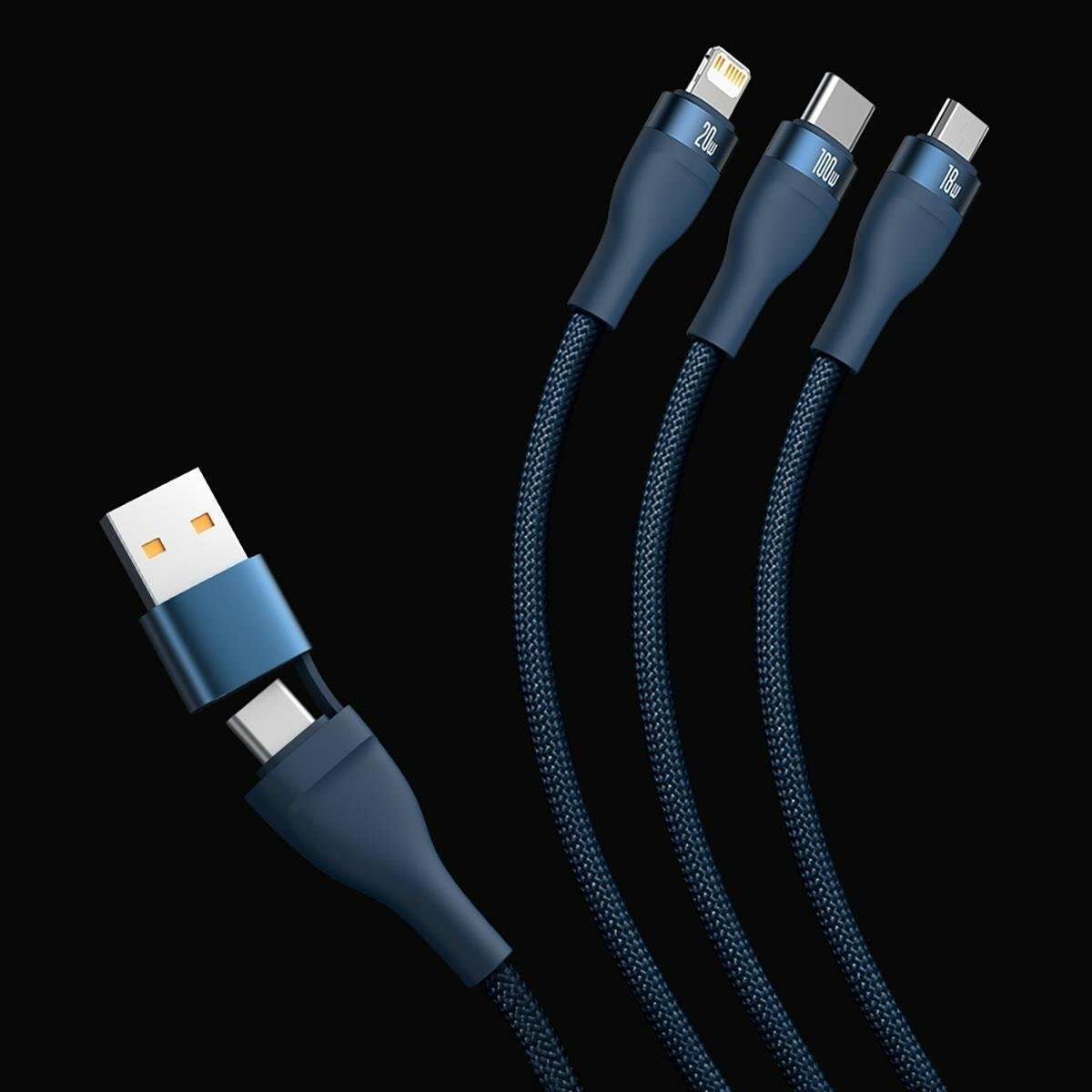 Kép 6/9 - Baseus Flash Series II 3-in-1 univerzális adatkábel (USB-A - Micro + Lightning + USB-C) 100W, 1.2m, kék (CASS030103)