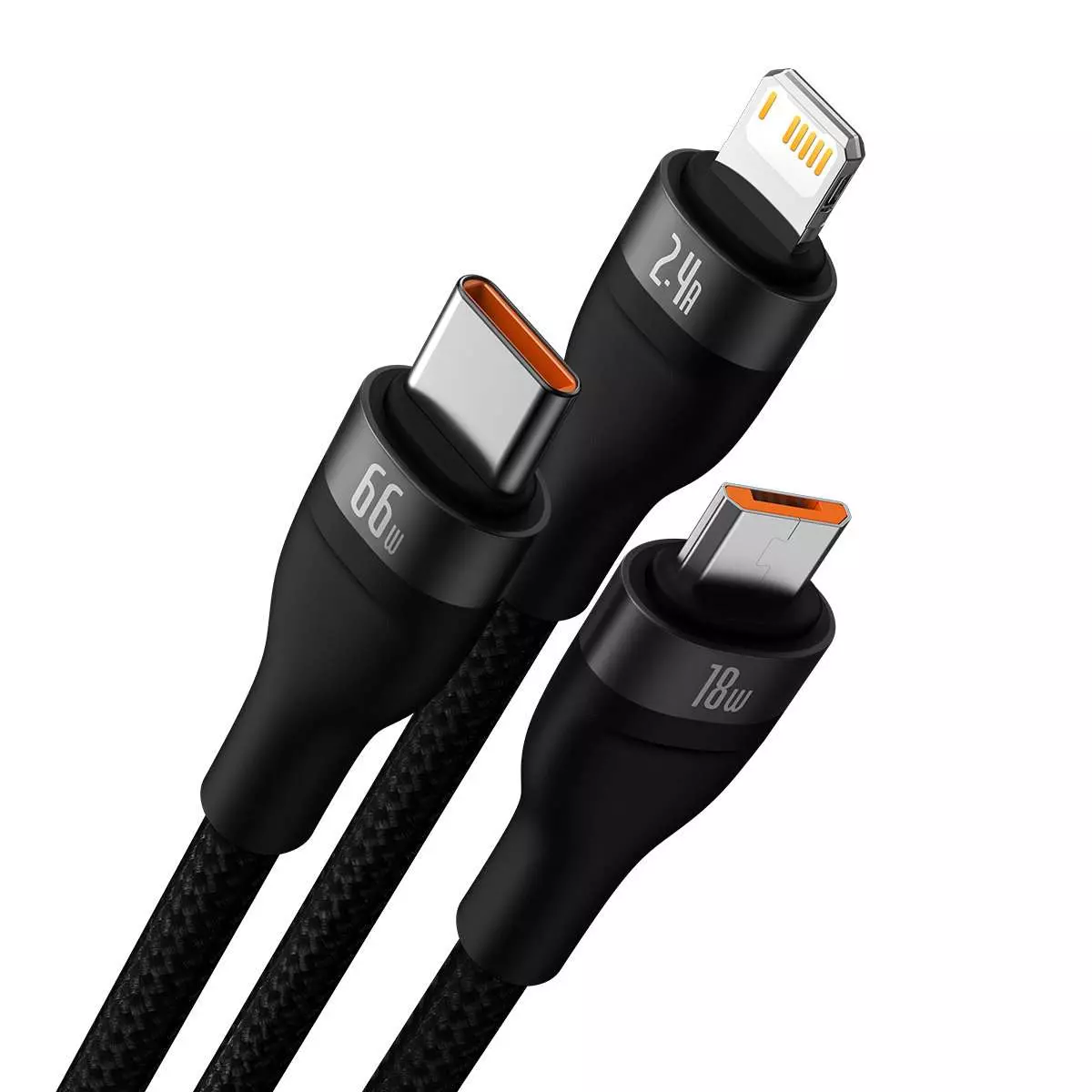 Kép 2/5 - Baseus Flash II 3-in-1 töltő- és adatkábel USB Type-C - Micro / Lightning / Type-C 66W, 1.2m, fekete