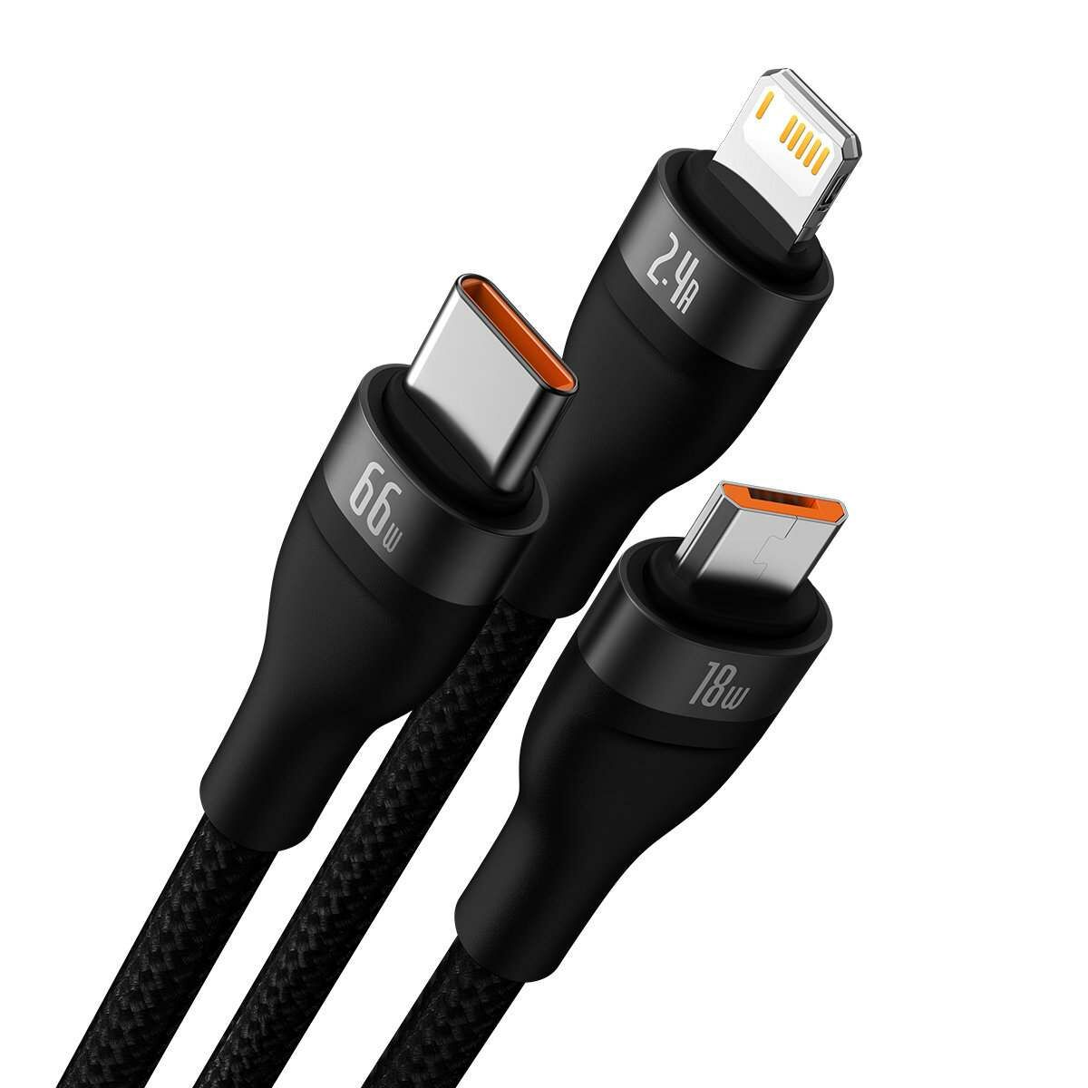 Kép 2/5 - Baseus Flash II 3-in-1 töltő- és adatkábel USB Type-C - Micro / Lightning / Type-C 66W, 1.2m, fekete (CASS040001)