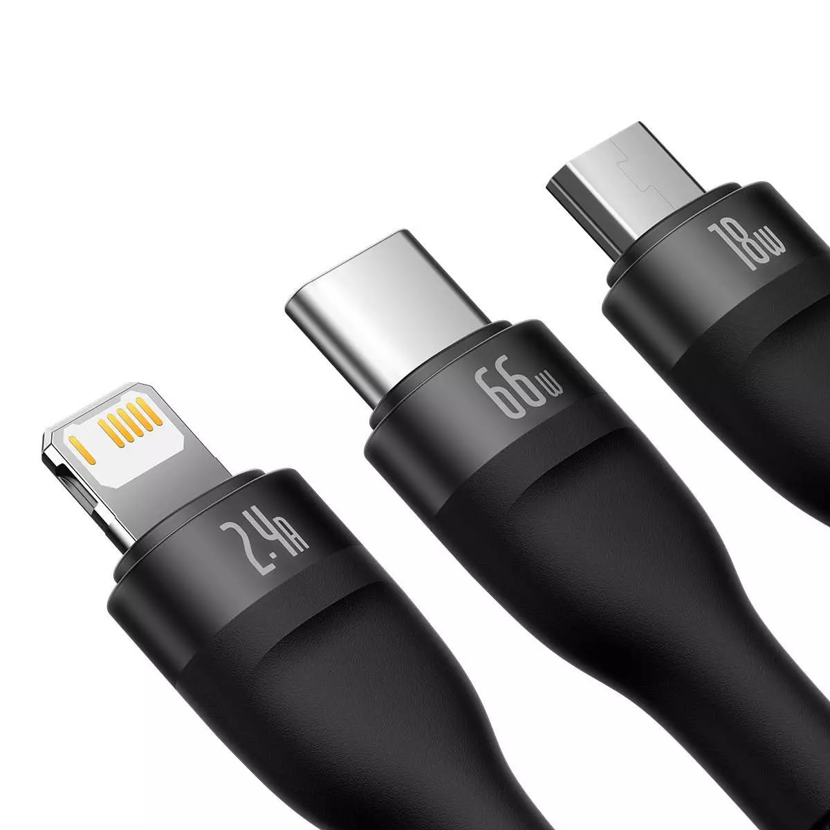 Kép 3/5 - Baseus Flash II 3-in-1 töltő- és adatkábel USB Type-C - Micro / Lightning / Type-C 66W, 1.2m, fekete