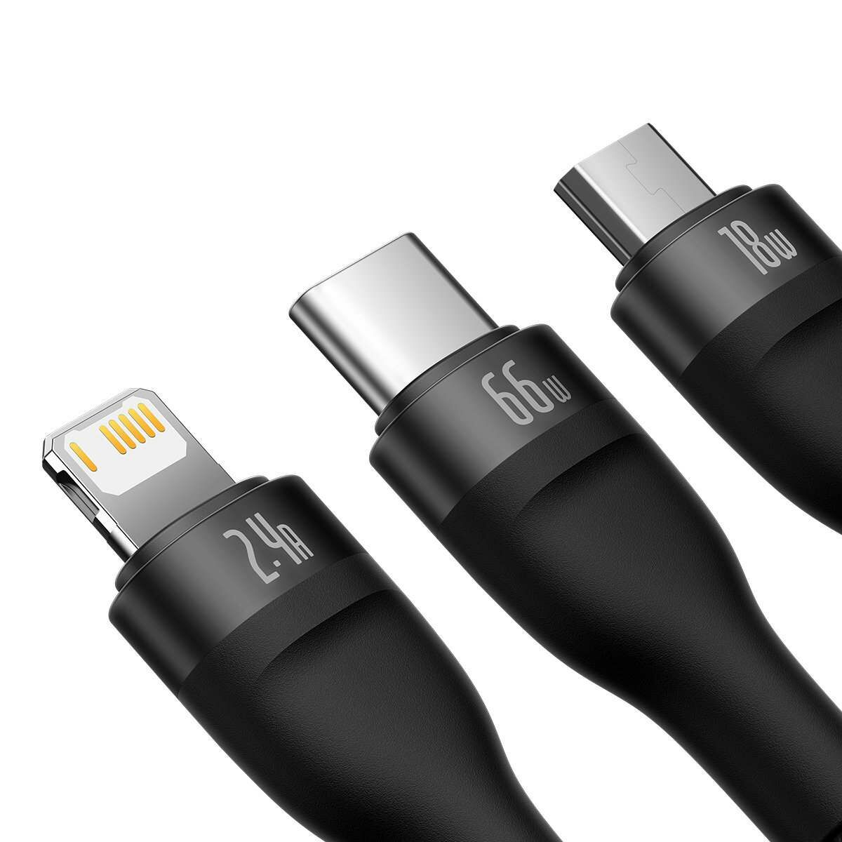 Kép 3/5 - Baseus Flash II 3-in-1 töltő- és adatkábel USB Type-C - Micro / Lightning / Type-C 66W, 1.2m, fekete (CASS040001)