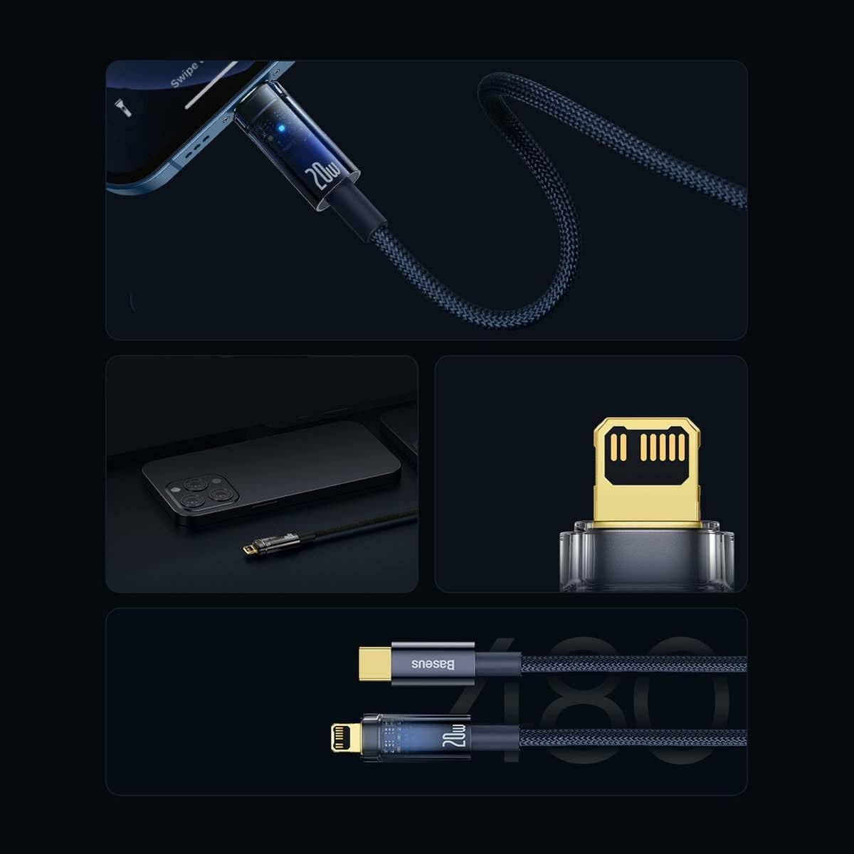 Kép 5/8 - Baseus Explorer USB Type-C - Lightning töltő- és adatkábel, automatikus kikapcsolással, 20W, 1m, fekete (CATS000001)