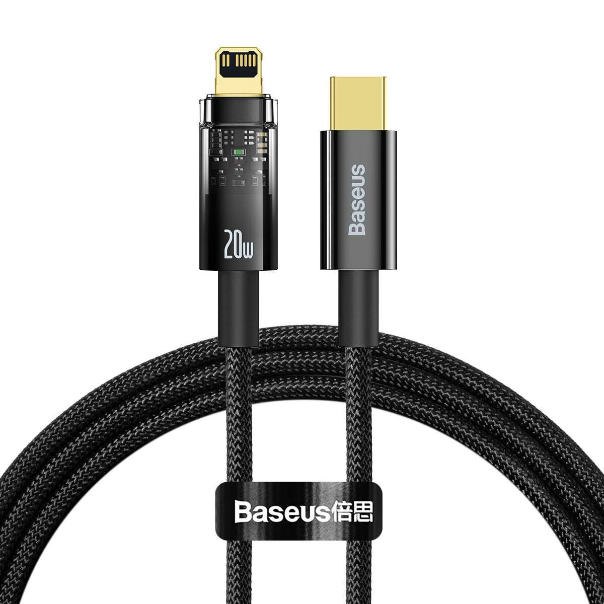 Kép 1/8 - Baseus Explorer USB Type-C - Lightning töltő- és adatkábel, automatikus kikapcsolással, 20W, 2m, fekete (CATS000101)