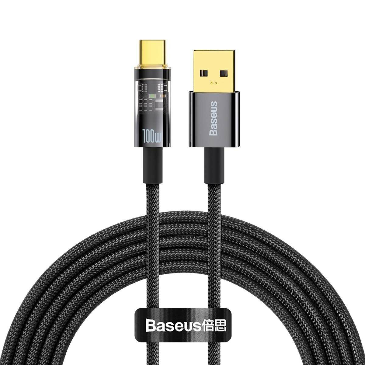 Kép 1/8 - Baseus Explorer USB- USB Type-C töltő- és adatkábel, automatikus kikapcsolással, 100W, 2m, fekete (CATS000301)