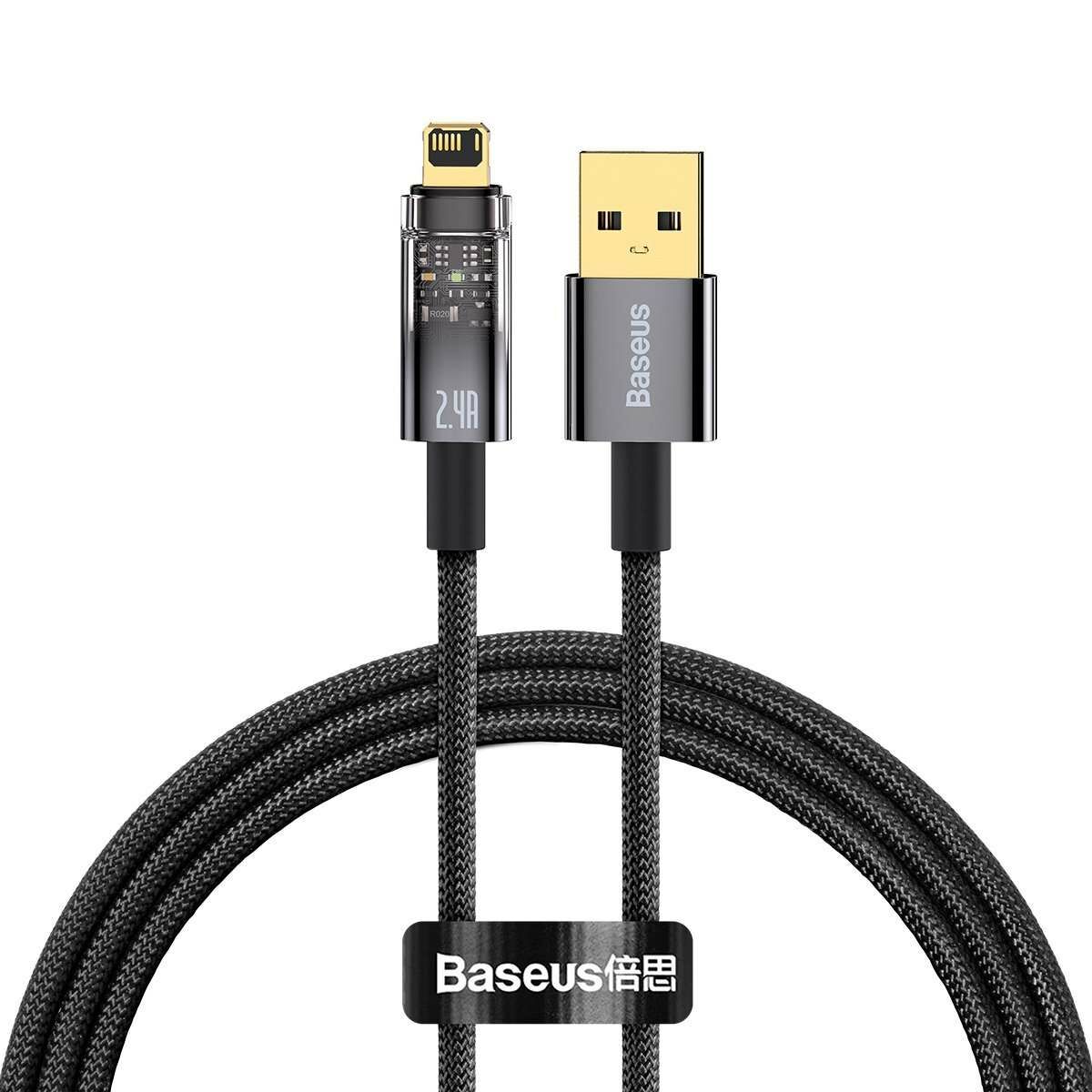 Kép 1/8 - Baseus Explorer USB - Lightning töltő- és adatkábel, automatikus kikapcsolással, 2.4A, 1m, fekete (CATS000401)