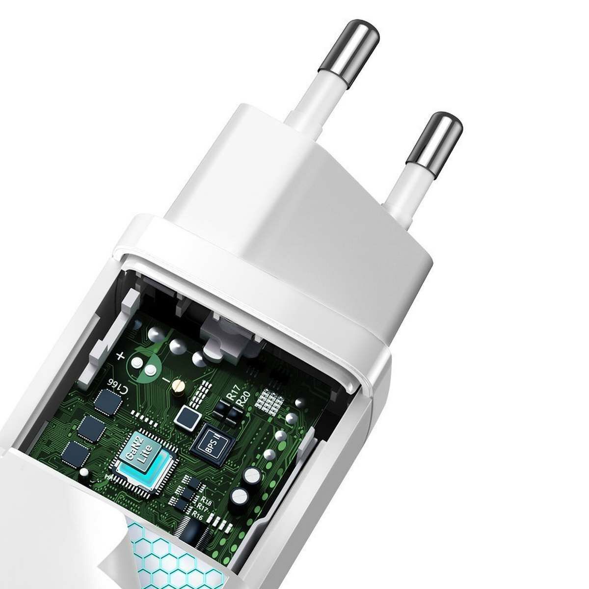Kép 5/10 - Baseus GaN2 Lite hálózati töltő USB-C/A, QC 3.0, PD 3.0, 65W, fehér EU (CCGAN2L-B02)