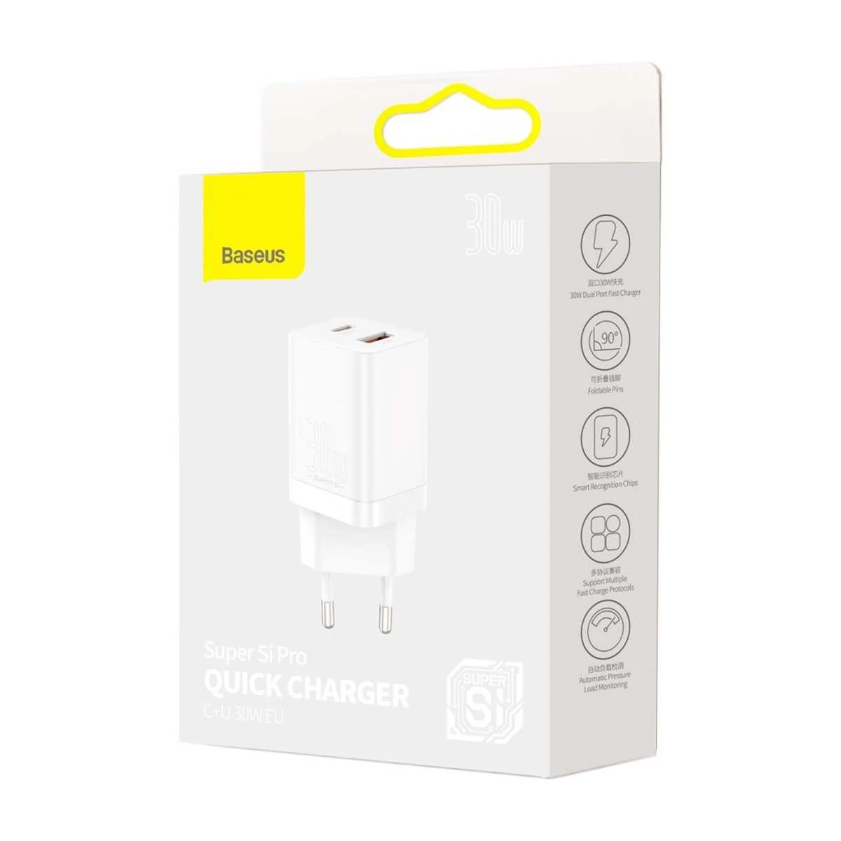 Kép 9/10 - Baseus Super Si Pro hálózati gyorstöltő, USB-C/A, PD 3.0, QC 3.0, 30W, fehér EU  (CCSUPP-E02)