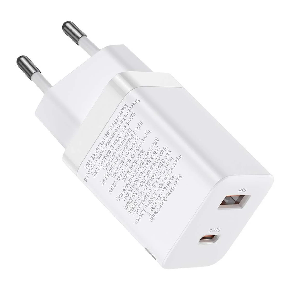 Kép 3/10 - Baseus Super Si Pro hálózati gyorstöltő, USB-C/A, PD 3.0, QC 3.0, 30W, fehér EU  (CCSUPP-E02)