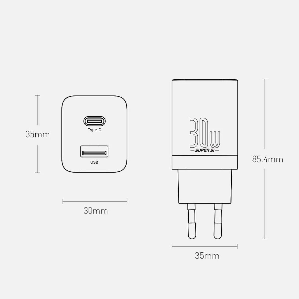 Kép 6/10 - Baseus Super Si Pro hálózati gyorstöltő, USB-C/A, PD 3.0, QC 3.0, 30W, fehér EU  (CCSUPP-E02)