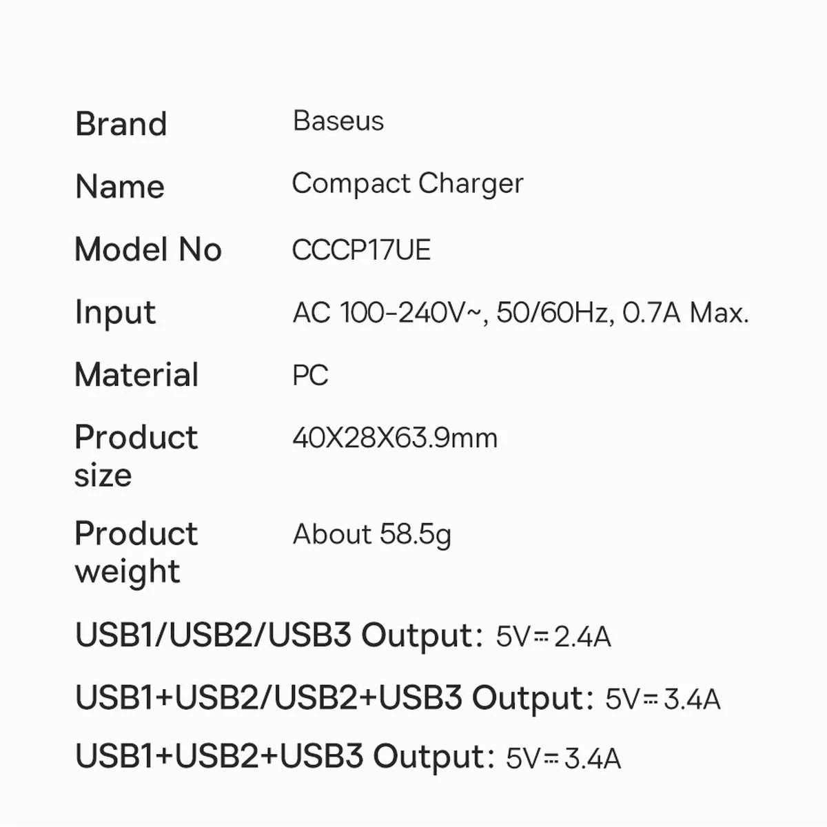 Kép 10/10 - Baseus Compact hálózati töltő U+U+U, 17W, fekete EU  (CCXJ020101)