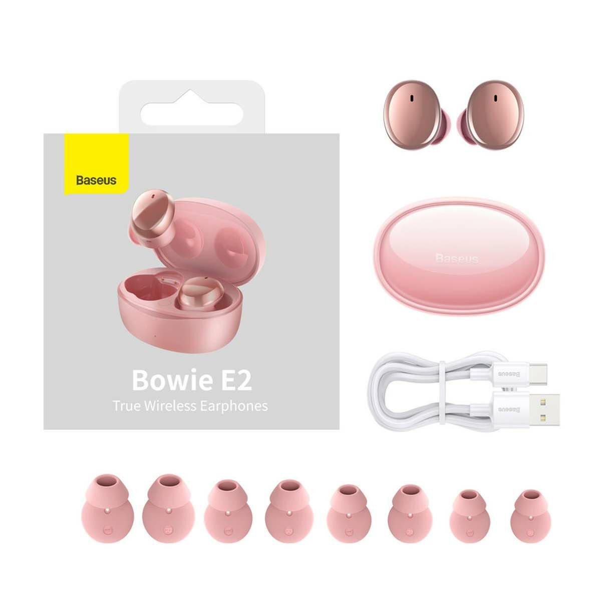 Kép 9/11 - Baseus Bowie E2 Bluetooth vezeték nélküli fülhallgató, BT 5.2, TWS, IP55, rózsaszín (NGTW090004)