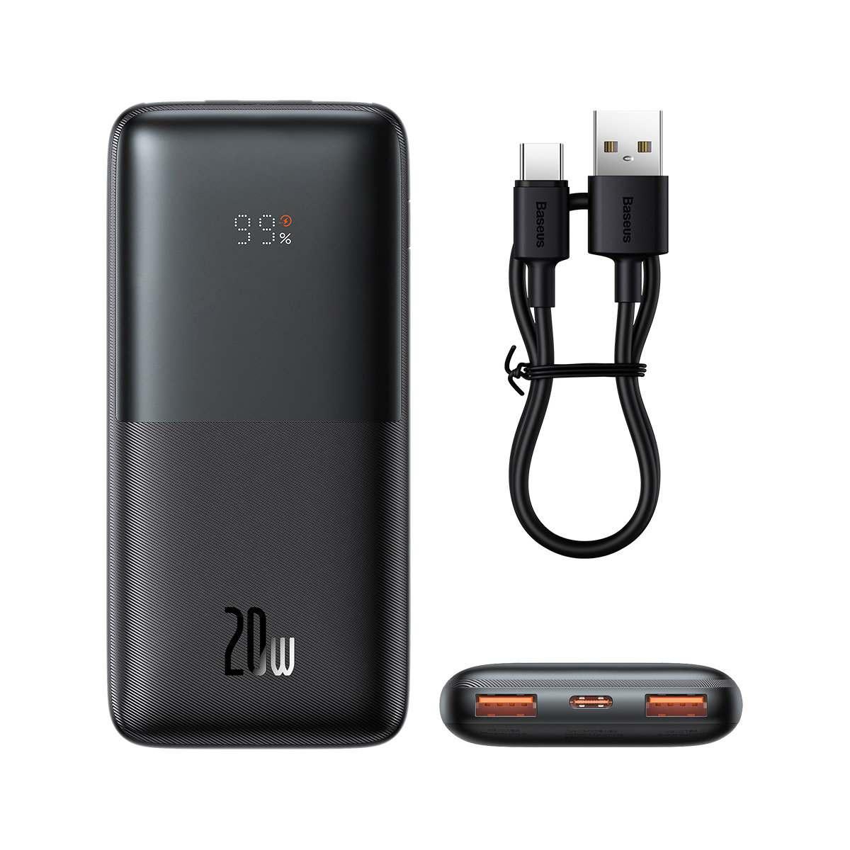 Kép 5/10 - Baseus Bipow Pro külső akkumlátor, digitális kijelzővel, gyors töltéssel, U+U+C ( USB-A to Type-C, 3A, 0.3m cable) 20W, 10000 mAh, fekete (PPBD040201)